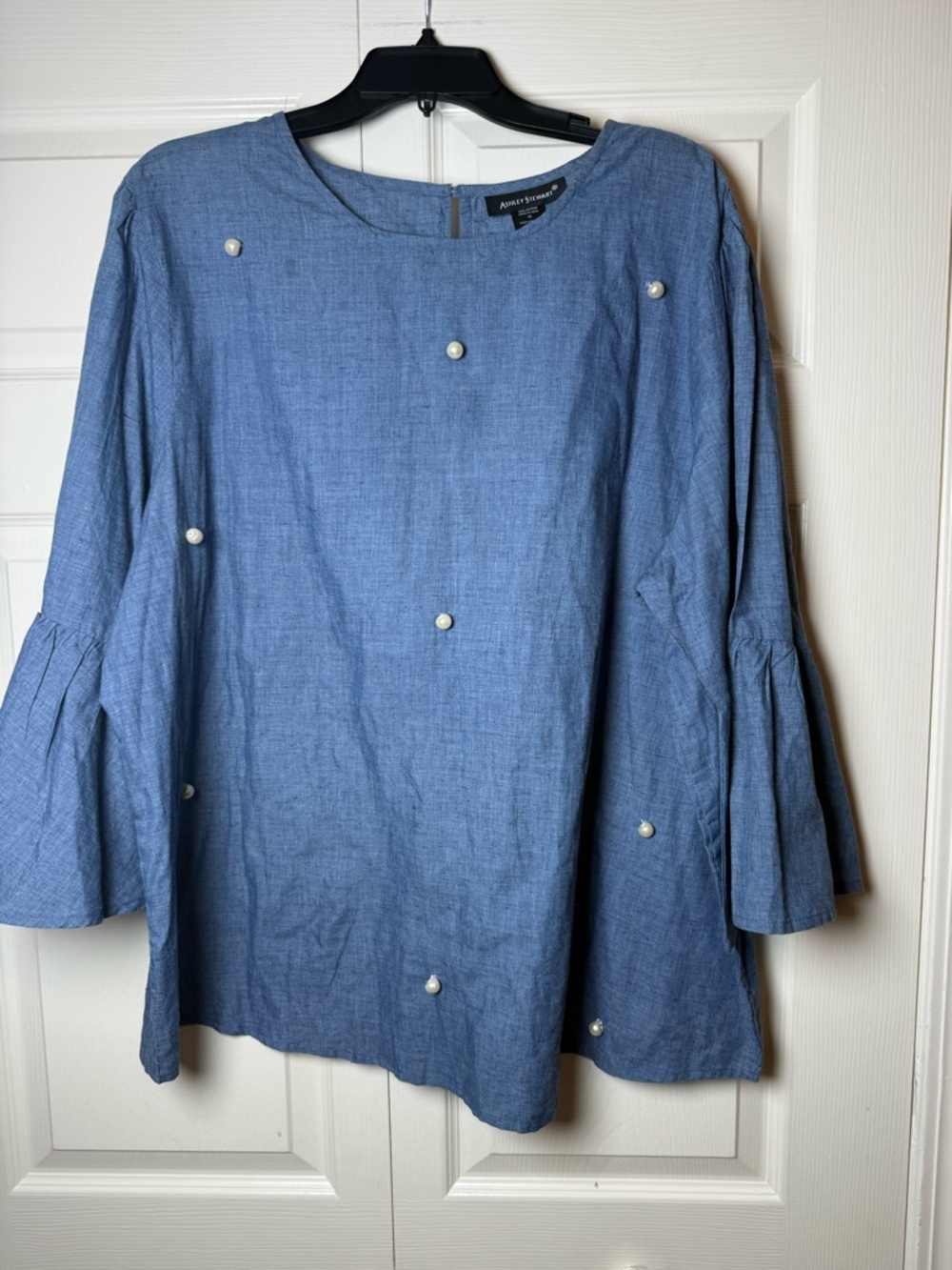 Ashley Stewart blue bell-sleeve blouse embellished with faux pearls